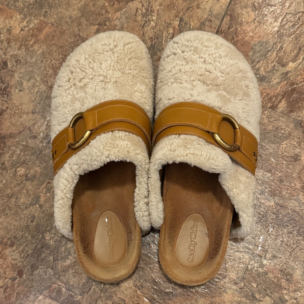 See By Chloe Cream and Tan Slippers